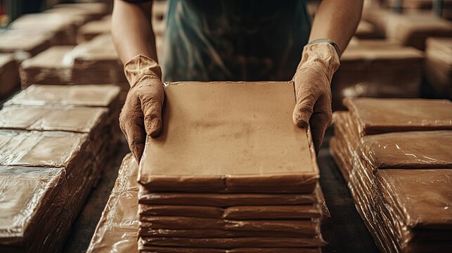 Worker handling neatly stacked packages in a warehouse during a busy day of sorting and preparing for shipment