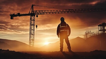 Builder's Silhouette at Sunset: A lone construction worker stands in silhouette against a dramatic sunset, overlooking a crane and the beginnings of a building site.