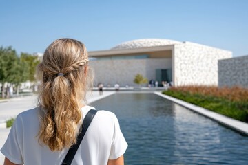 Fototapeta premium A visitor admires the unique architectural design of a museum building, showcasing a harmonious blend of nature and modern art that captures attention and evokes wonder.