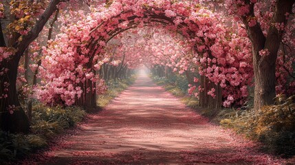 Fototapeta premium Breathtaking Cherry Blossom Pathway with Pink Petals in Spring