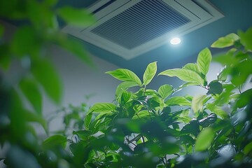 Indoor Environment with Cassette Air Conditioner and Green Ficus Plant in Modern Office or Apartment