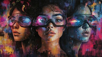 Obraz premium Three women in futuristic goggles, vibrant colors.