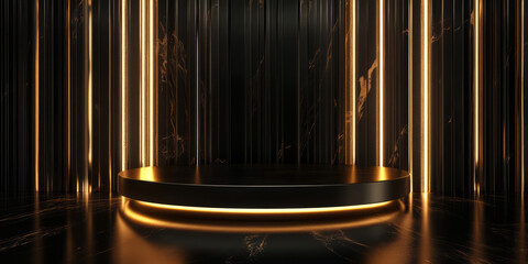 A luxury-inspired 3D background featuring a podium made of black glass, accented with shimmering gold details. The dramatic lighting and polished textures evoke a sense of sophistication and