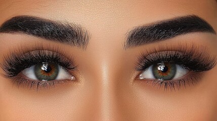 Naklejka premium Close-up of a woman's eyes with full, dark eyelashes and eyebrows.