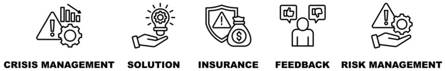 Risk Solutions Management Banner Web Icon Vector Illustration Concept With Icon Of Crisis Management, Solution, Insurance, Feedback, Risk Management
