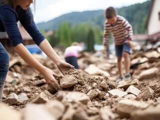 Disaster Relief: A Young Woman Works Tirelessly Amidst the Debris of a Devastated Community
