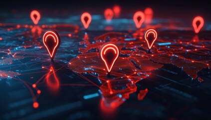 Global network map with red glowing location markers.
