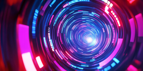 Obraz premium A mesmerizing 3D abstract background displaying an infinite spiral of glowing neon sound bars. The pulsating rhythm and vibrant colors form a futuristic, immersive representation of digital music and