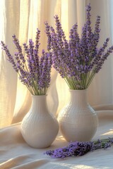 Blooming Lavender Plants in White Vases with Soft Natural Light