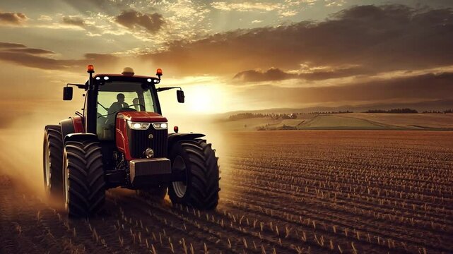 Working the Land: A red tractor plows a field under a dramatic sunset sky, showcasing agricultural technology in a rural landscape.
