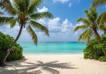 Walking Onto Tranquil Tropical Beach with Palm Trees and Turquoise Ocean