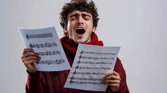 Passionate singer performing dramatic opera with sheet music and expressive emotions