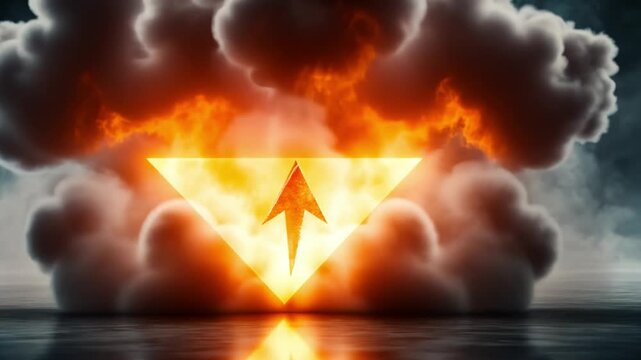 Inferno of Ascension: A dynamic composition featuring an erupting explosion with a vibrant orange and dark gray palette, framing a powerful ascending arrow within a triangular emblem.