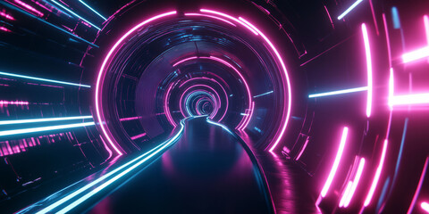 Fototapeta premium A sleek 3D abstract background featuring an infinite tunnel of pulsating neon light rings, floating in a dark digital void. The glowing reflections and depth create a high-tech futuristic effect.