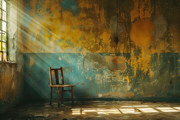 Abandoned room with a single chair illuminated by sunlight filtering through a window