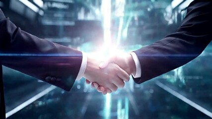 Futuristic business handshake with overlay of digital financial data. Concept of high-tech collaboration and investment partnership. 3D rendering with innovative marketing visuals. - Powered by Adobe