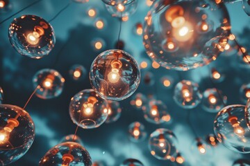 Illuminated glass orbs hanging against a vibrant blue sky during twilight hours