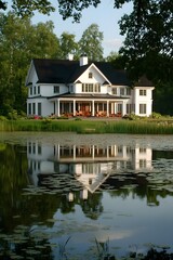 Obraz premium Luxury Waterfront House Reflection Pond Estate Home