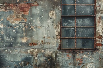 Weathered brick wall with an industrial window in urban decay setting