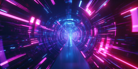 A visually striking 3D abstract background with a vast neon tunnel, filled with floating holographic elements. The deep color gradients and smooth lighting create a cyberpunk-inspired design.