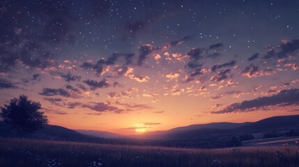 Twilight Panorama: A breathtaking panorama of the twilight sky unfolds, with clouds painted in hues of pink and orange as the sun dips below the horizon, stars begin to twinkle