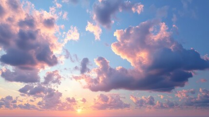 Cloudscape at Sunset: A mesmerizing panorama of a sunset painted across a vast sky, featuring puffy clouds kissed with pastel hues, creating a serene and picturesque moment. 