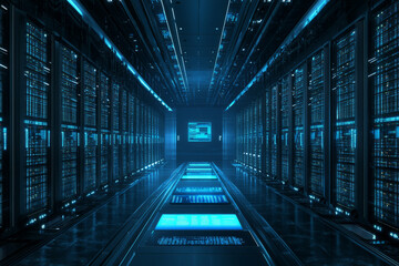 A massive digital data vault 3D background room with endless rows of glowing blue storage drives, interactive holographic security panels, and a dark high-tech ambiance resembling a cyber-secure