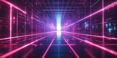 Fototapeta premium A mesmerizing 3D abstract background displaying an infinite loop of pulsating neon grids, floating in a deep cybernetic void. The immersive reflections and digital textures create a high-tech