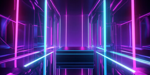 Fototapeta premium A neon-lit 3D background showcasing a podium made of transparent glass, illuminated from below with vibrant purple and cyan lights. The reflections on the glossy floor enhance the futuristic cyberpunk