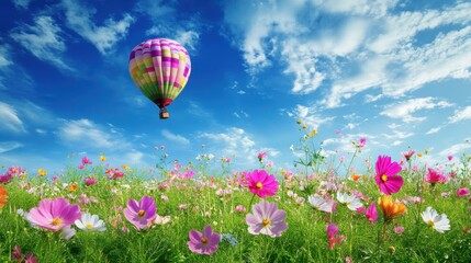 Obraz premium Colorful Hot Air Balloon Gliding Over Vibrant Flower Field Under Clear Blue Sky and Fluffy White Clouds