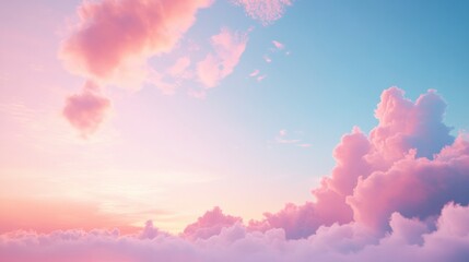 Fototapeta premium Serene Cloudscape at Sunset: Soft, pastel-colored clouds fill the sky, creating a dreamy and peaceful atmosphere, with shades of pink and blue blending seamlessly together. 