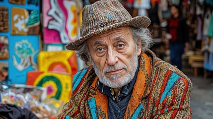 Fototapeta premium A gentleman dressed in a vivid patterned coat and hat examines his surroundings with a contemplative expression, surrounded by a bustling marketplace alive with color and creativity.