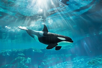 Obraz premium Orca swimming gracefully in clear blue water during bright daylight