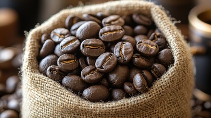 Fototapeta premium Freshly Roasted Coffee Beans in Rustic Jute Bag for Gourmet Lovers