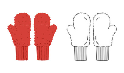 Pile Mitten Gloves One-Fingered knitted cuff red cartoon and flat sketch outline Fashion hand accessory clothing technical illustration garment. Vector for Men, women template CAD on white background © Vectoressa
