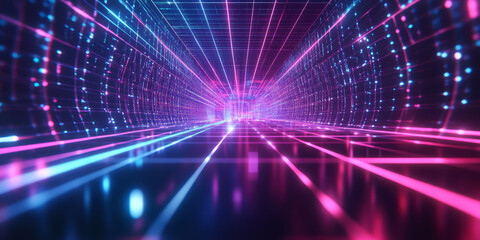 Fototapeta premium A mesmerizing abstract background with softly pulsating holographic grids and neon geometric lines forming an intricate futuristic digital structure. The high-tech reflections and smooth motion