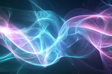Fototapeta premium A surreal 3D abstract background showcasing an interstellar storm of radiant, pulsating energy particles. The swirling neon waves and soft glowing gradients create an immersive futuristic composition