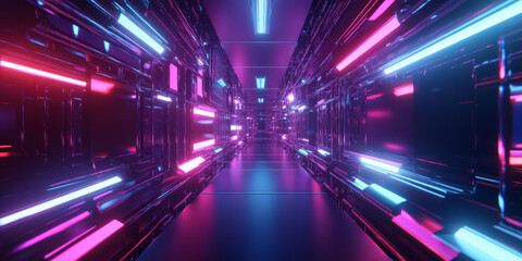 Obraz premium A mesmerizing 3D abstract background with levitating neon panels, dynamically shifting colors between electric blue and vibrant purple. The sci-fi reflections and deep textures enhance the futuristic