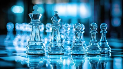 Crystal chess pieces on a reflective board.