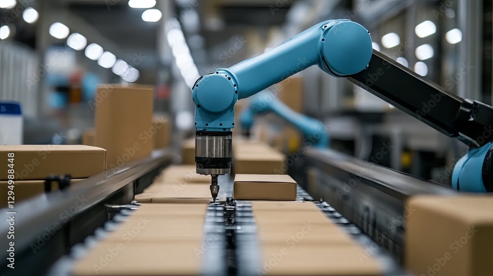 Poster robotic arm sorting packages on an automated production line in a modern warehouse setting during da