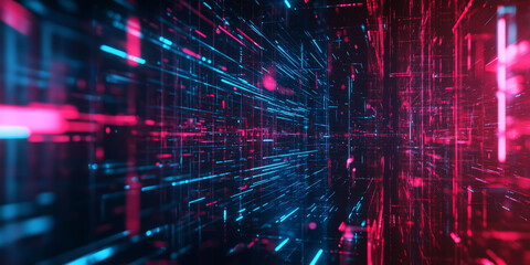 Fototapeta premium A sleek and dynamic abstract background showcasing distorted holographic textures in a seamless digital glitch effect. The pulsing neon reflections create a mesmerizing high-tech cyberpunk aesthetic.