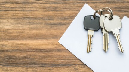 Set of three keys resting on a white envelope on a rustic wooden surface showcasing a minimalist design