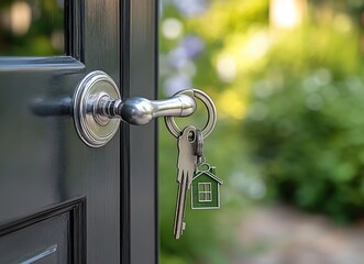 Close-up of a Silver Door Handle with Key and Green Keychain in Soft Natural Light