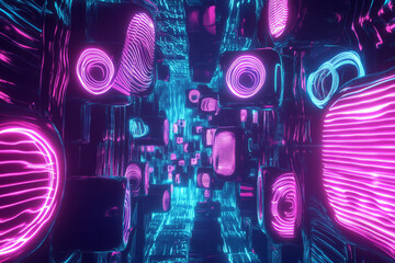 A mesmerizing 3D background where floating neon speakers emit vibrant waves of music. The glowing frequencies form intricate, geometric patterns in the air, creating a futuristic, abstract soundscape