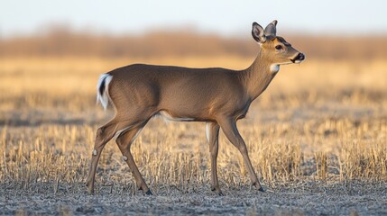 Fototapeta premium Majestic Whitetail Deer Walking in Golden Field during Sunset, Wildlife Photography