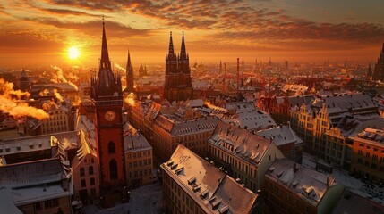 Naklejka premium Snowy cityscape at sunrise with church spires.