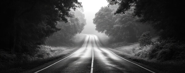 Empty Road Surrounded by Lush Green Trees in Dramatic Black and White