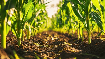 Rows of vibrant green corn plants grow tall under the warm sun in a flourishing agricultural field during mid-summer