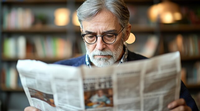 Senior Man Reading Newspaper in Cozy Library Setting with Soft Lighting