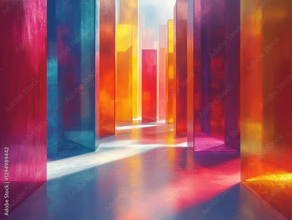 Poster vibrant surreal floating cardboard boxes in abstract style with dynamic composition and dramatic lig